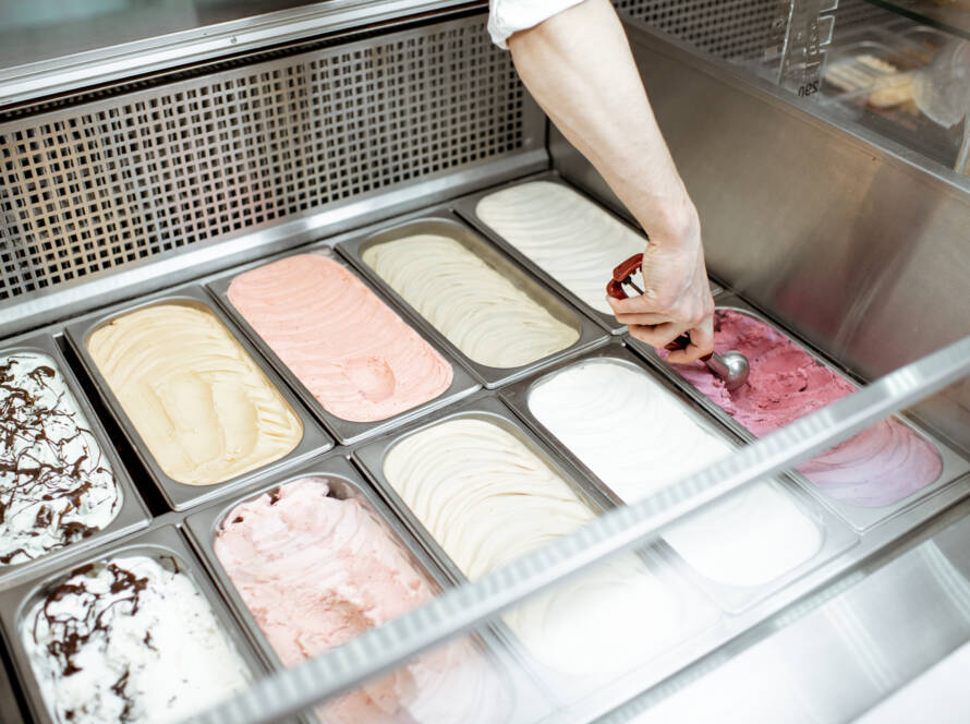 Taking ice cream from the showcase